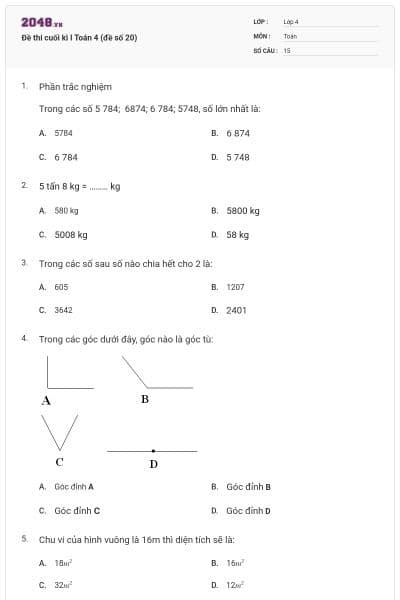 Đề thi cuối kì I Toán 4 (đề số 20)