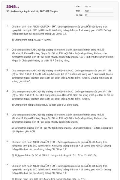 30 câu hình học tuyển sinh lớp 10 THPT Chuyên