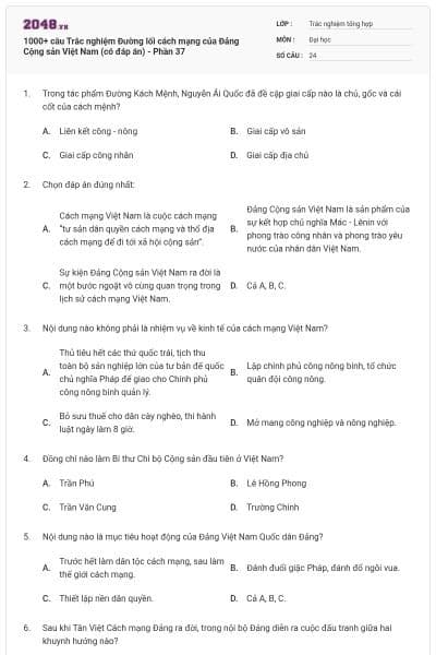 1000+ câu Trắc nghiệm Đường lối cách mạng của Đảng Cộng sản Việt Nam (có đáp án) - Phần 37