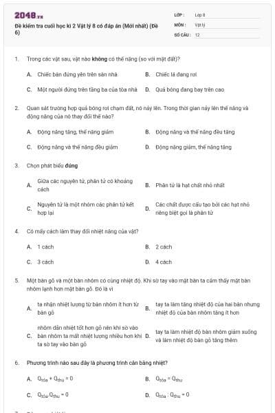 Đề kiểm tra cuối học kì 2 Vật lý 8 có đáp án (Mới nhất) (Đề 6)