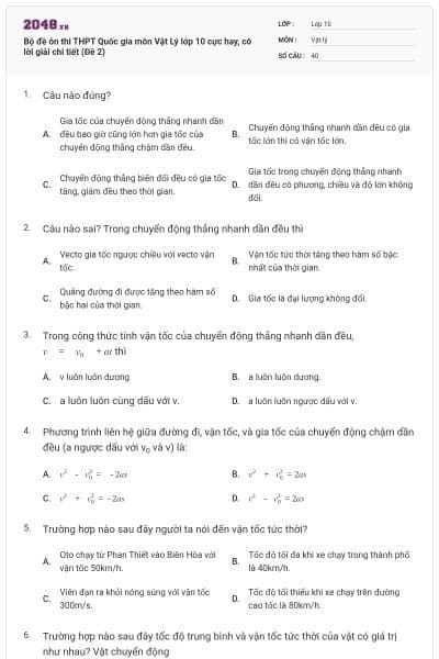Bộ đề ôn thi THPT Quốc gia môn Vật Lý lớp 10 cực hay, có lời giải chi tiết (Đề 2)