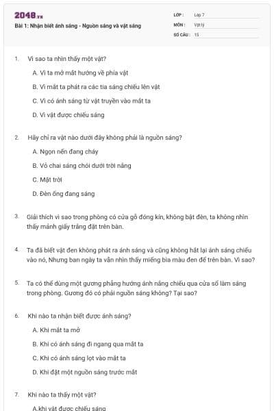 Bài 1: Nhận biết ánh sáng - Nguồn sáng và vật sáng