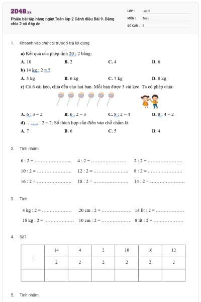 Phiếu bài tập hàng ngày Toán lớp 2 Cánh diều Bài 9. Bảng chia 2 có đáp án