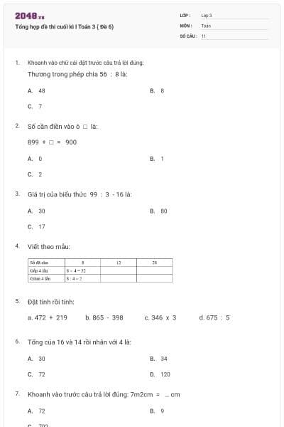 Tổng hợp đề thi cuối kì I Toán 3 ( Đề 6)
