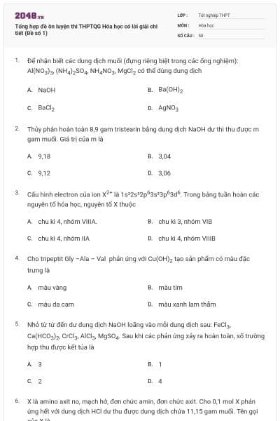 Tổng hợp đề ôn luyện thi THPTQG Hóa học có lời giải chi tiết (Đề số 1)