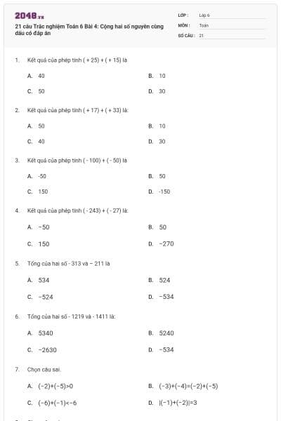 21 câu Trắc nghiệm Toán 6 Bài 4: Cộng hai số nguyên cùng dấu có đáp án