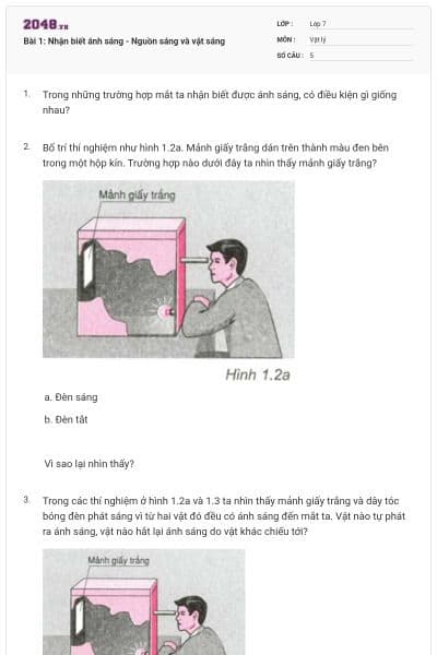 Bài 1: Nhận biết ánh sáng - Nguồn sáng và vật sáng