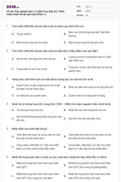 29 câu Trắc nghiệm Địa Lí 12 Bài 9 (có đáp án): Thiên nhiên nhiệt đới ẩm gió mùa (Phần 1)
