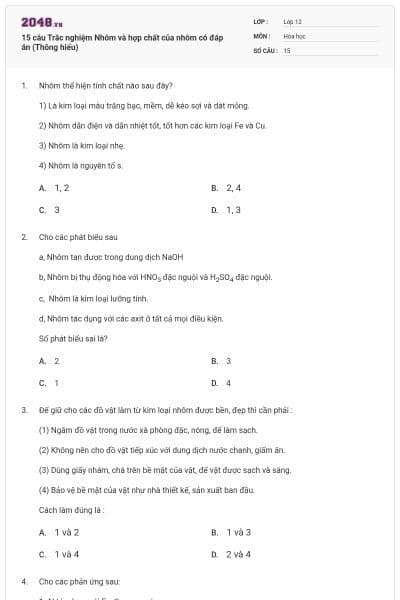 15 câu Trắc nghiệm Nhôm và hợp chất của nhôm có đáp án (Thông hiểu)