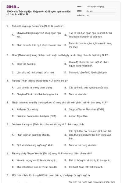 1000+ câu Trắc nghiệm Nhập môn xử lý ngôn ngữ tự nhiên có đáp án - Phần 29