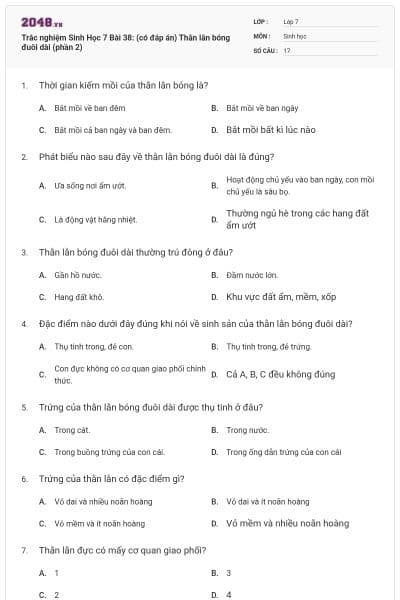 Trắc nghiệm Sinh Học 7 Bài 38: (có đáp án) Thằn lằn bóng đuôi dài (phần 2)