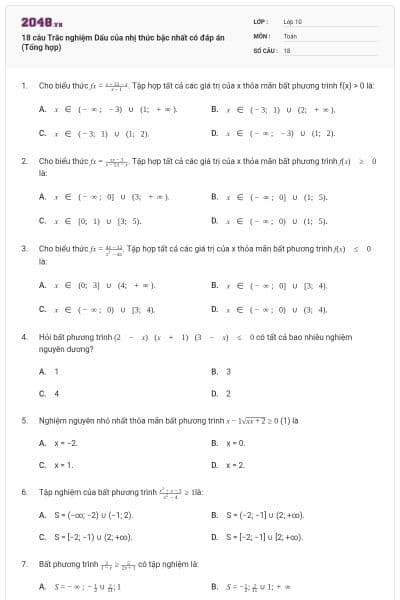 18 câu Trắc nghiệm Dấu của nhị thức bậc nhất có đáp án (Tổng hợp)