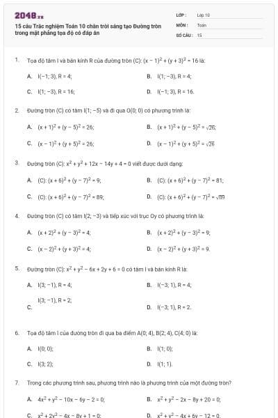15 câu  Trắc nghiệm Toán 10 chân trời sáng tạo Đường tròn trong mặt phẳng tọa độ có đáp án