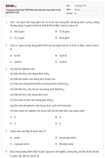 Tổng hợp đề thi thử THPTQG môn Hóa Học hay nhất có lời giải (Đề số 20)