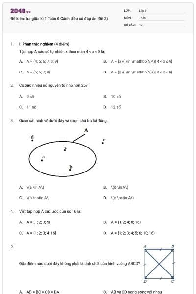 Đề kiểm tra giữa kì 1 Toán 6 Cánh diều có đáp án (Đề 2)