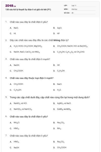 130 câu hỏi lý thuyết Sự điện li có giải chi tiết (P1)