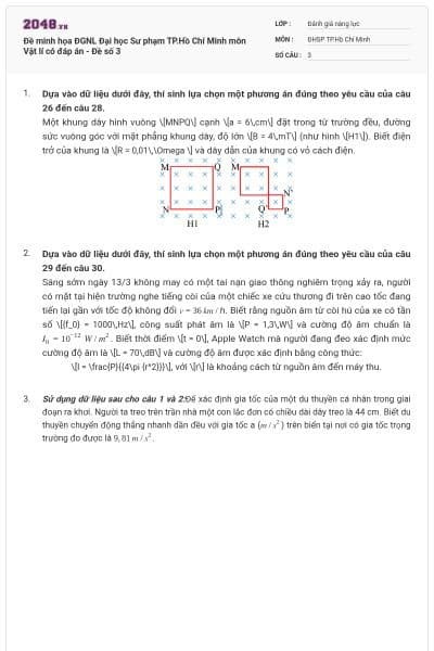 Đề minh họa ĐGNL Đại học Sư phạm TP.Hồ Chí Minh môn Vật lí có đáp án - Đề số 3