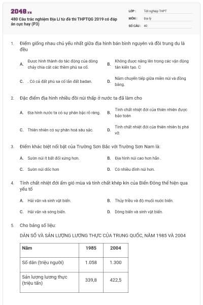 480 Câu trắc nghiệm Địa Lí từ đề thi THPTQG 2019 có đáp án cực hay (P3)