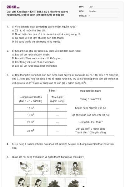 Giải VBT Khoa học 4 KNTT Bài 3. Sự ô nhiễm và bảo vệ nguồn nước. Một số cách làm sạch nước có đáp án