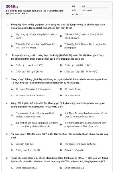 Bộ 4 đề thi giữa kì 2 Lịch sử & Địa lí lớp 9 Chân trời sáng tạo có đáp án - Đề 3