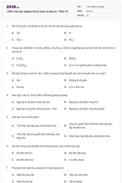 1200+ câu trắc nghiệm Hoá lý dược có đáp án - Phần 18