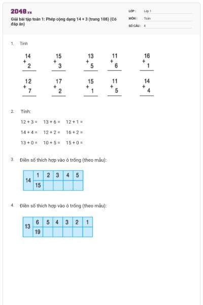 Giải bài tập toán 1: Phép cộng dạng 14 + 3 (trang 108) (Có đáp án)