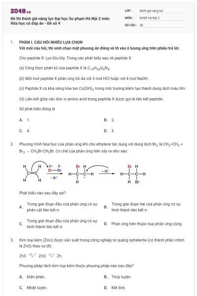Đề thi Đánh giá năng lực Đại học Sư phạm Hà Nội 2 môn Hóa học có đáp án - Đề số 4