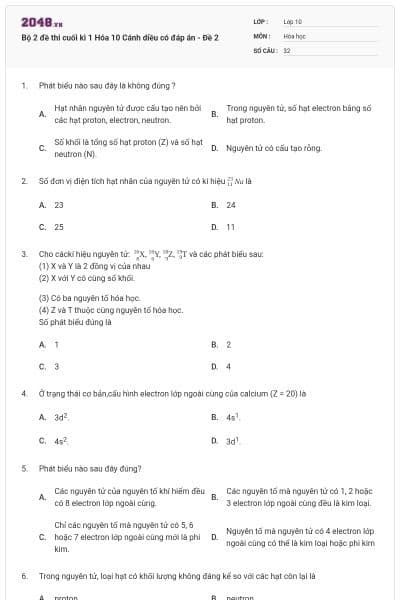 Bộ 2 đề thi cuối kì 1 Hóa 10 Cánh diều có đáp án - Đề 2