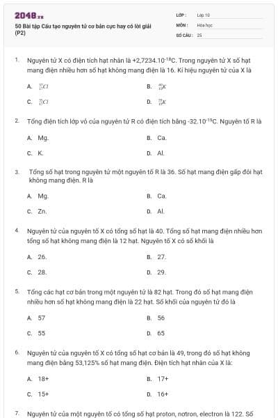 50 Bài tập Cấu tạo nguyên tử cơ bản cực hay có lời giải (P2)