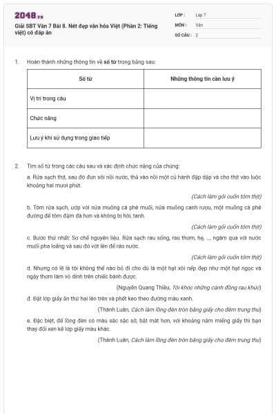 Giải SBT Văn 7 Bài 8. Nét đẹp văn hóa Việt (Phần 2: Tiếng việt) có đáp án