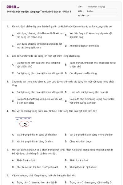 140 câu trắc nghiệm tổng hợp Thủy khí có đáp án - Phần 4