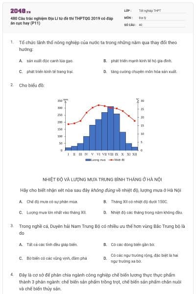 480 Câu trắc nghiệm Địa Lí từ đề thi THPTQG 2019 có đáp án cực hay (P11)