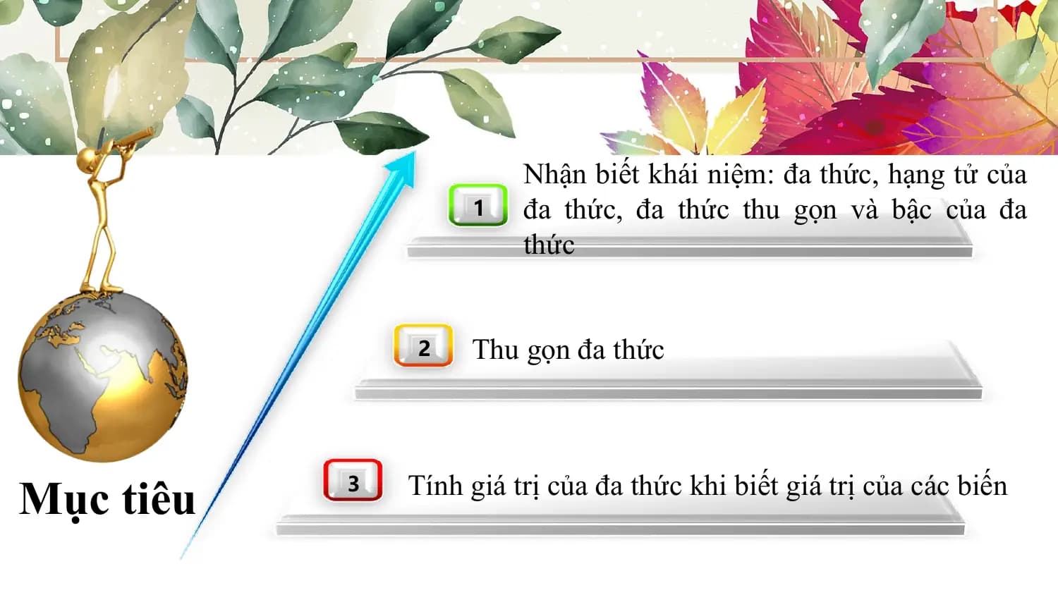Nhận biết khái niệm: đa thức, hạng tử của
 1 đa thức, đa thức thu gọn và bậc của đa
 thức

 2 Thu gọn đa thức

Mục tiêu 3 Tính giá trị của đa thức khi biết giá trị của các biến