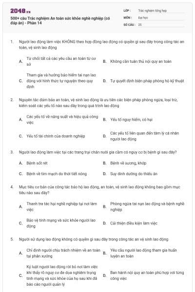 500+ câu Trắc nghiệm An toàn sức khỏe nghề nghiệp (có đáp án) - Phần 14