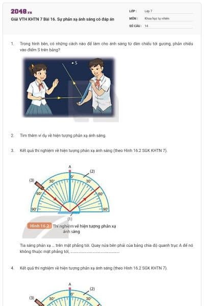 Giải VTH KHTN 7 Bài 16. Sự phản xạ ánh sáng có đáp án