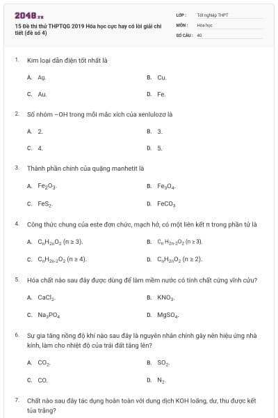 15 Đề thi thử THPTQG 2019 Hóa học cực hay có lời giải chi tiết (đề số 4)
