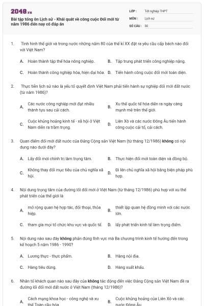 Bài tập tổng ôn Lịch sử - Khái quát về công cuộc Đổi mới từ năm 1986 đến nay có đáp án