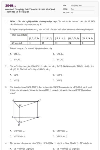Đề thi thử Tốt nghiệp THPT Toán 2025-2026 Sở GD&ĐT Thanh Hóa lần 1 có đáp án