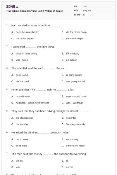 Trắc nghiệm Tiếng Anh 9 mới Unit 3 Writing có đáp án