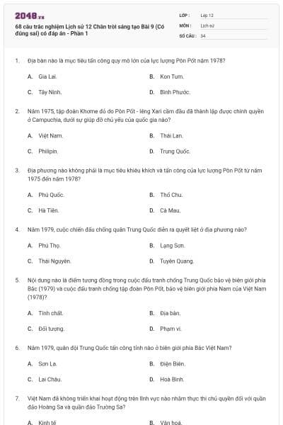 68 câu trắc nghiệm Lịch sử 12 Chân trời sáng tạo Bài 9 (Có đúng sai) có đáp án - Phần 1