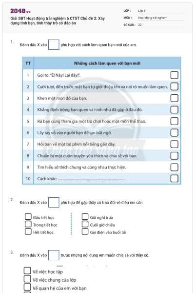 Giải SBT Hoạt động trải nghiệm 6 CTST Chủ đề 3: Xây dựng tình bạn, tình thầy trò có đáp án