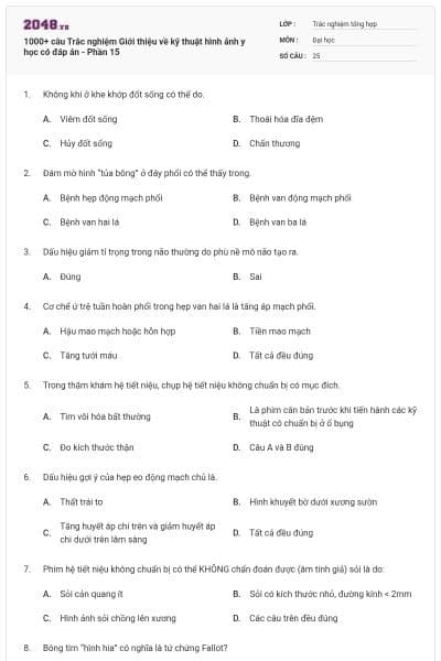 1000+ câu Trắc nghiệm Giới thiệu về kỹ thuật hình ảnh y học có đáp án - Phần 15