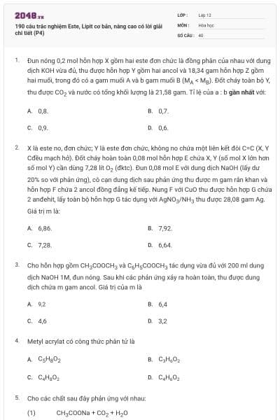190 câu trắc nghiệm Este, Lipit cơ bản, nâng cao có lời giải chi tiết (P4)