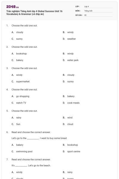 Trắc nghiệm Tiếng Anh lớp 4 Global Success Unit 16 Vocabulary & Grammar (có đáp án)