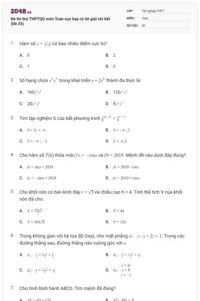 Đề thi thử THPTQG môn Toán cực hay có lời giải chi tiết (Đề 26)