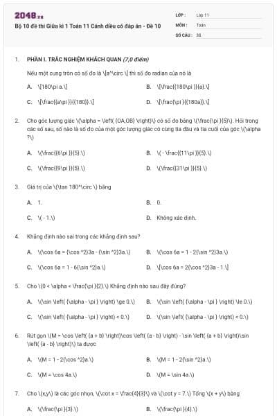 Bộ 10 đề thi Giữa kì 1 Toán 11 Cánh diều có đáp án - Đề 10