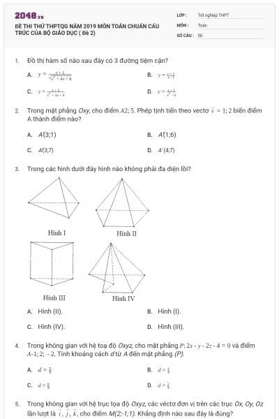 ĐỀ THI THỬ THPTQG NĂM 2019 MÔN TOÁN CHUẨN CẤU TRÚC CỦA BỘ GIÁO DỤC ( Đề 2)