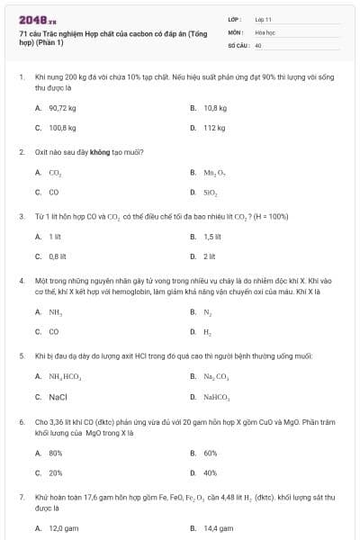 71 câu Trắc nghiệm Hợp chất của cacbon có đáp án (Tổng hợp) (Phần 1)