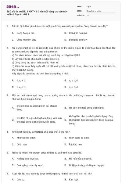 Bộ 2 đề thi cuối kì 1 KHTN 6 Chân trời sáng tạo cấu trúc mới có đáp án - Đề 1