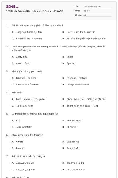 1000+ câu Trắc nghiệm Hóa sinh có đáp án - Phần 36
